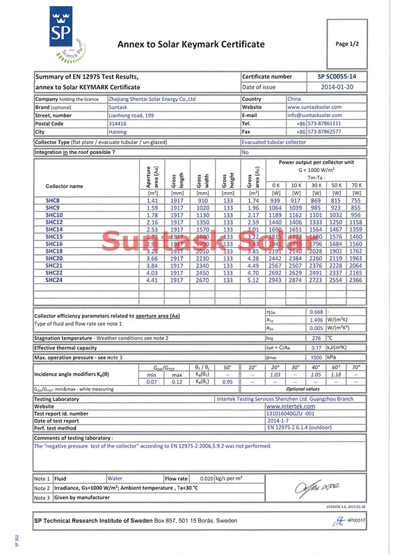 Vacuum Tube Solar Collector with CPC Reflectors with Solar Keymark Certificate