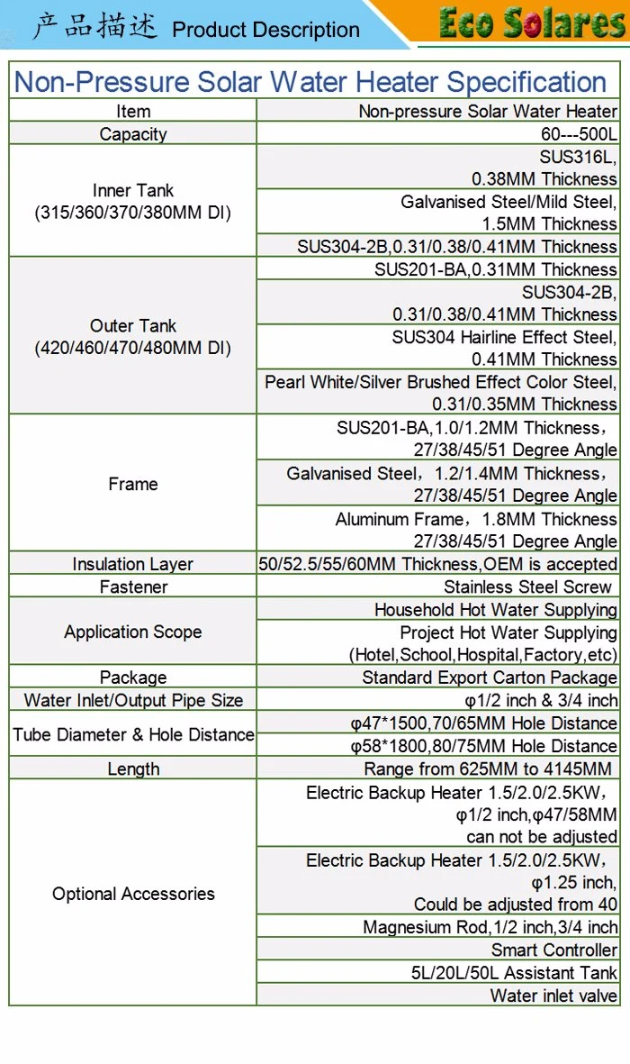 300L Non-Pressurized Vacuum Tube Solar Energy Hot Water Heater/Solar Water Heater/Calentador Solar De 30 Tubos