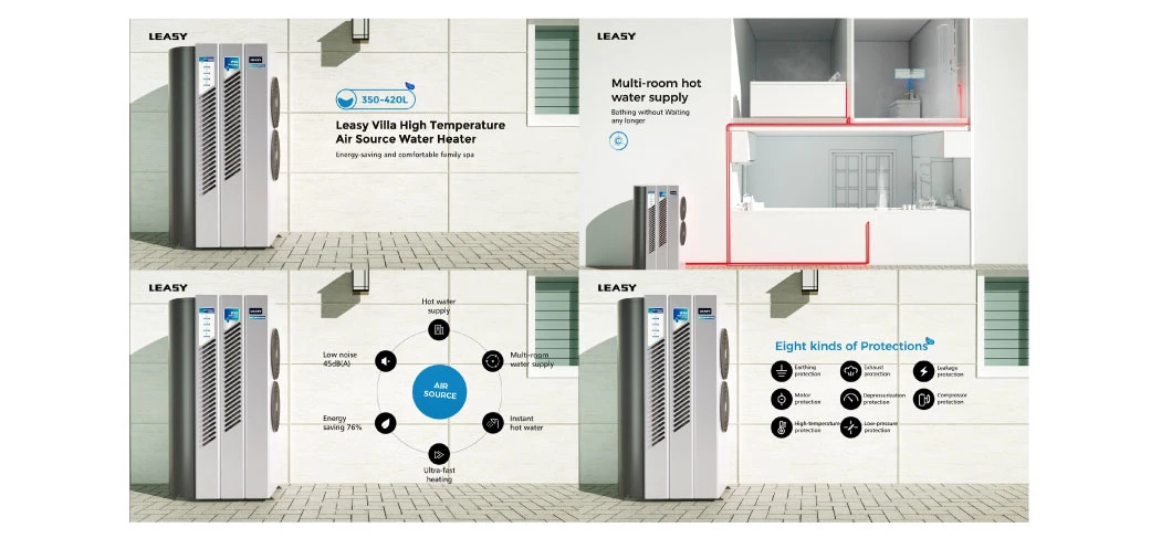 Leasy R134A All-in-One Heat Pump 75c High-Temp. Hot Water Heater with 350L/420L Built-in Enamel Water Storage Tank