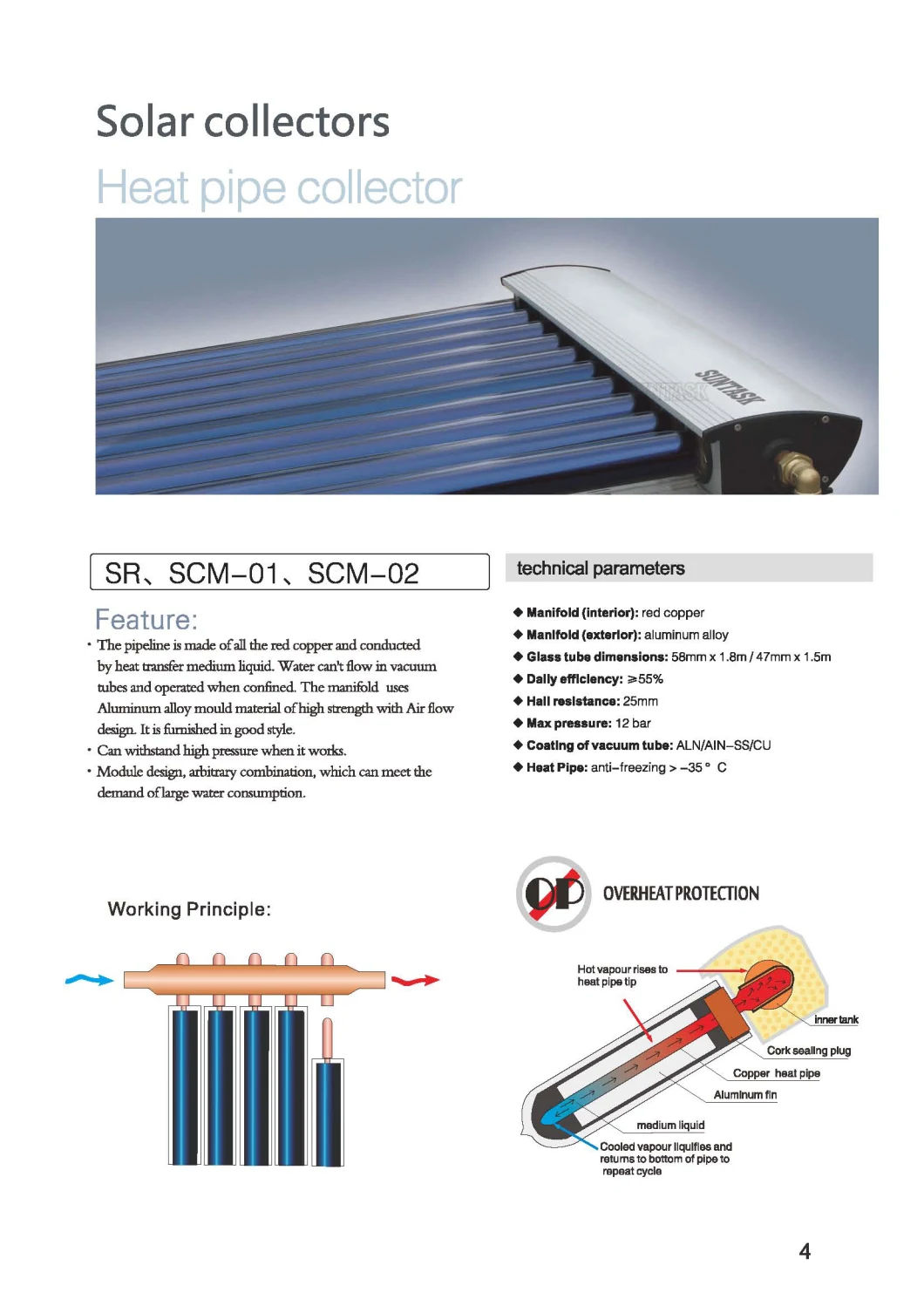 High Efficiency Heat Pipe Vacuum Tube Solar Thermal Collector